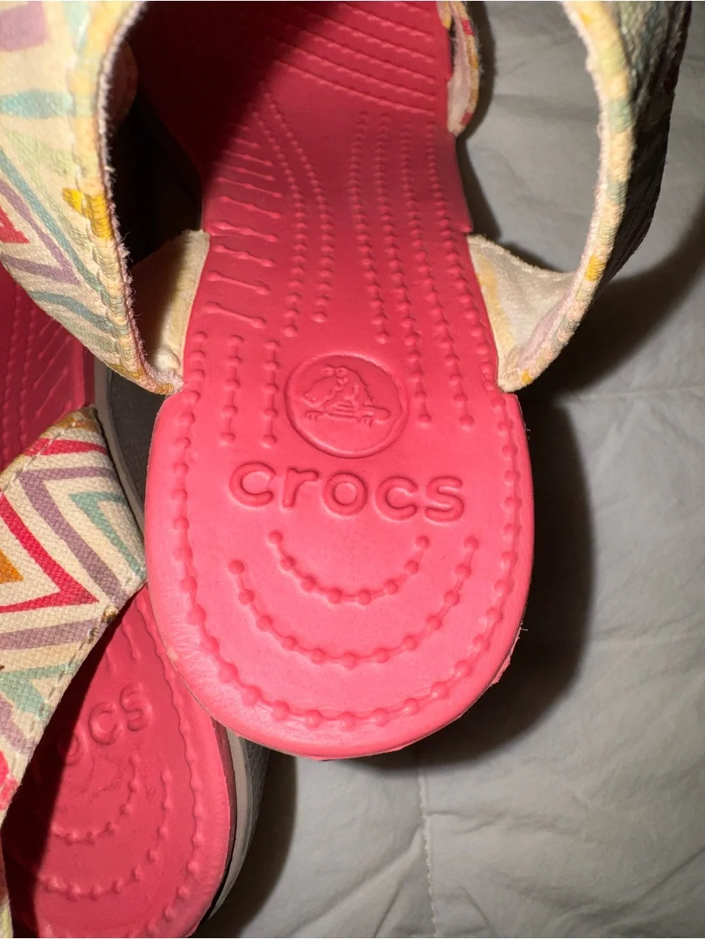 CROCS Brown Wedge Sandals with Multicolor Chevron Straps